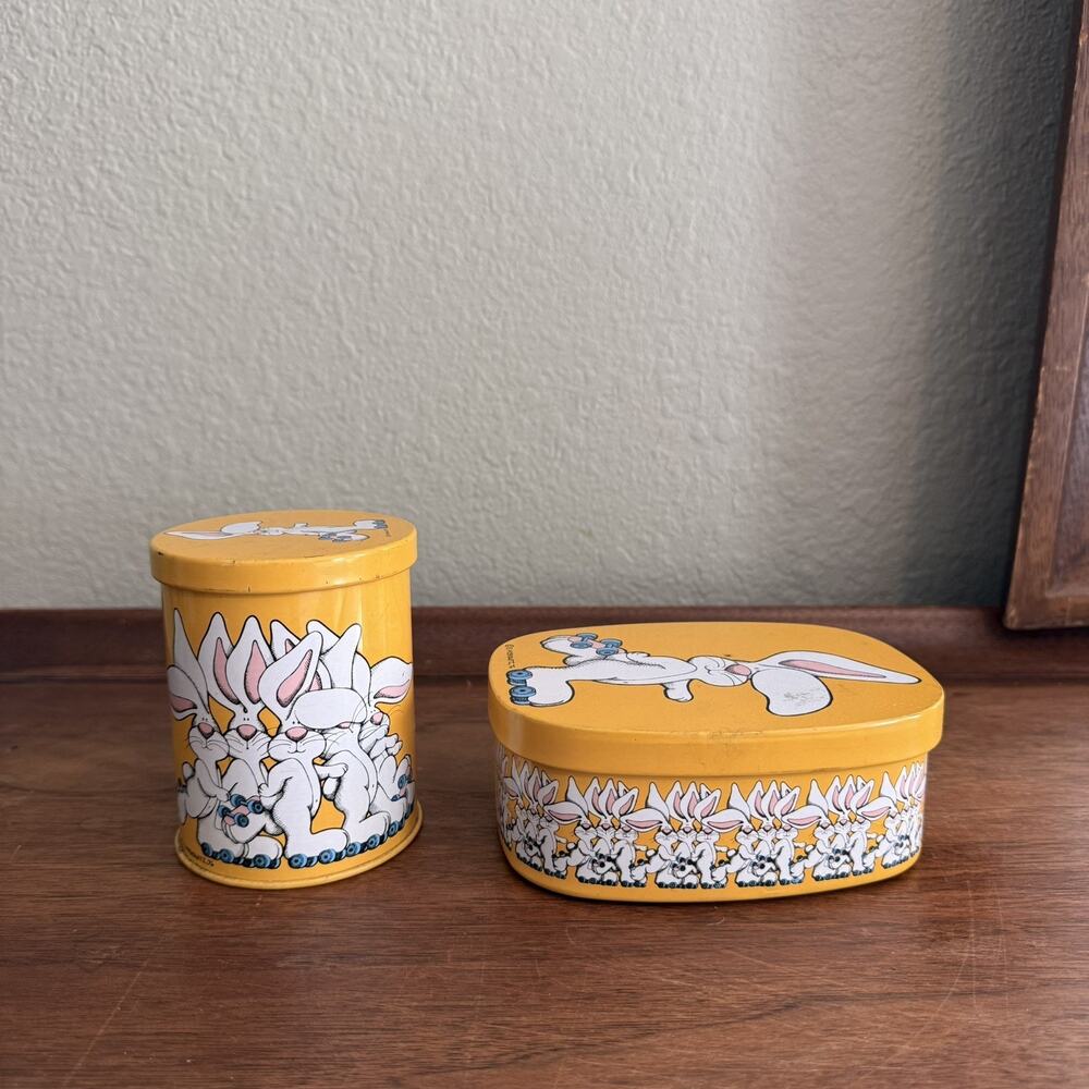Vintage S. Moskowitz 1976 West Germany Skating Rabbits Yellow Tins
